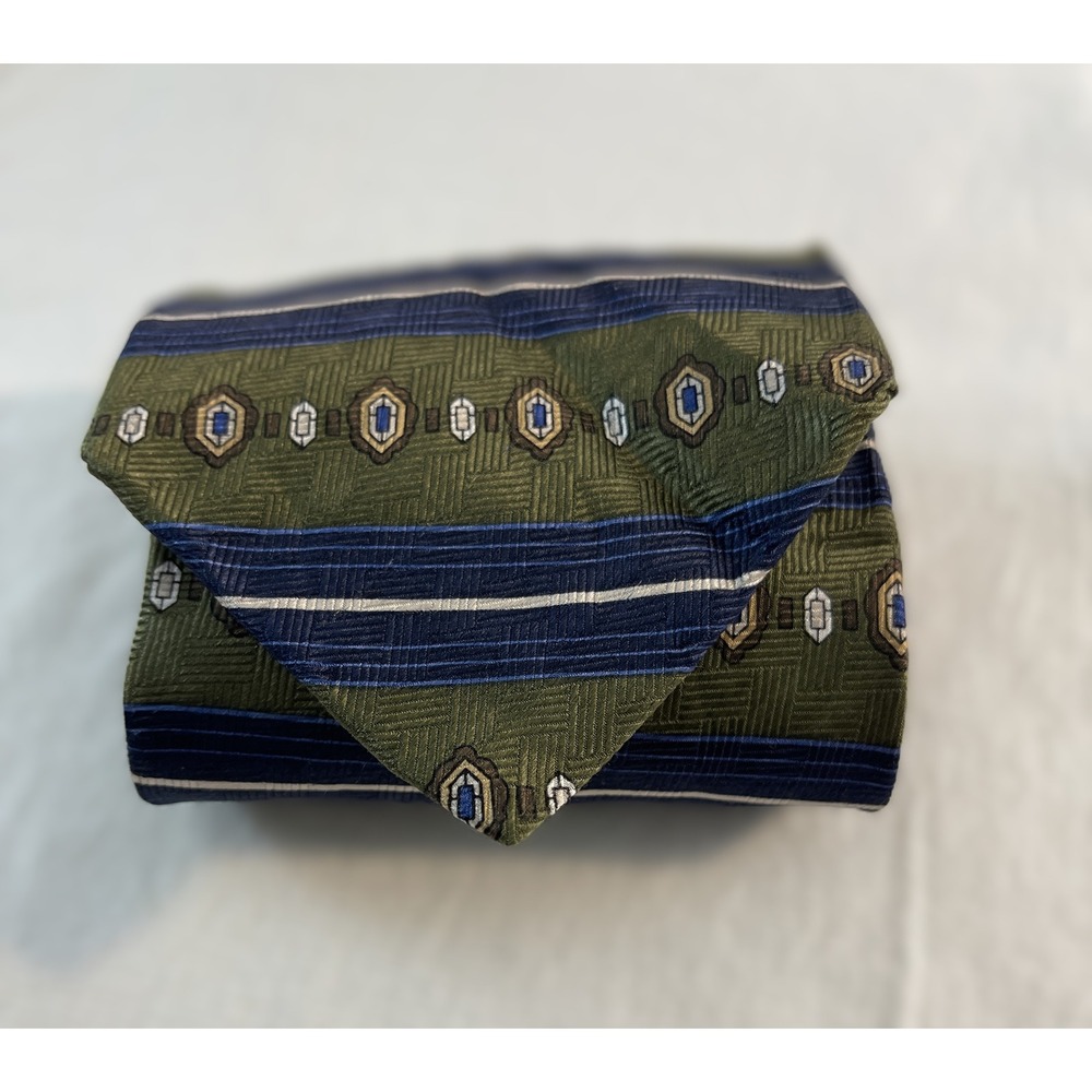 Savile Row Silk Necktie Olive Green Blue Geometric Pattern Business‎ Casual